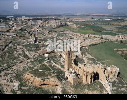 Aragona. BELCHITE. Vista aérea de las ruinas de la población, escenario de la Batalla del Ebro en 1937, durante la Guerra Civile Española (1936-1939). Comarca del Campo de Belchite. Provincia de Zaragoza. España. Foto Stock