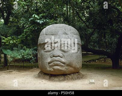 ARTE PRECOLOMBINO. Messico. OLMECAS. Cultura desarrollada por los Pueblos mexicanos de Tabasco y parte meridional de Veracruz. PARQUE-MUSEO LA VENTA. Muestra esculturas olmecas procedentes del sitio Arqueológico de La Venta (1300-200 a. C.). Vista de n.a. CABEZA COLOSAL. VILLAHERMOSA. Estado de Tabasco. Foto Stock