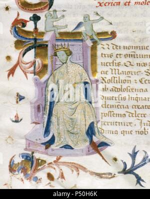 Pietro IV d'Aragona, Ceremonious (1319-1387). Re di Aragona, Valencia, Maiorca e conte di Barcellona. Ritratto in una lettera maiuscola del "Libro dei privilegi di La Cartuja de Vall de Cristo". Codex. C. 1385. Spagna. Foto Stock