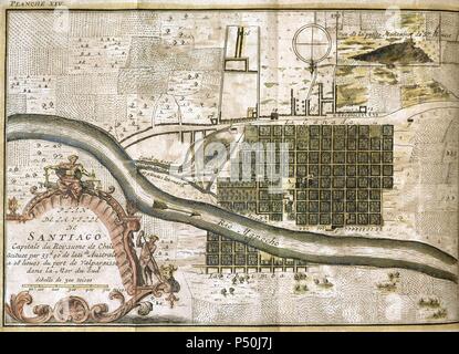 Il Cile. Santiago de Chile. Mappa in 1713 con il monte Santa Lucia, in background. Secondo un 1717 incisione. Foto Stock