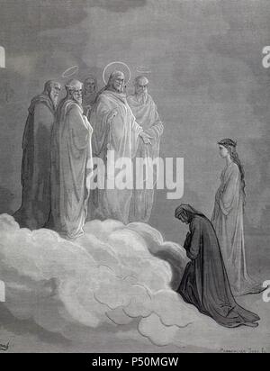 "LA DIVINA COMEDIA". Poema escrito en toscano donde se relata el viaje de su autor, DANTE ALIGHIERI, para llegar a la CONTEMPLACION DIVINA. "COMIENZA PUES, Y DI ADONDE SE DIRIGE TU ALMA" (Paraiso, c. XXVII). Grabado de Gustavo DORE. Foto Stock