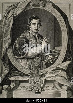 Clemente XIV (1705-1774). Papa italiano, nato Giovanni Vincenzo Antonio Ganganelli. Eletto nel 1769. Incisione. Foto Stock