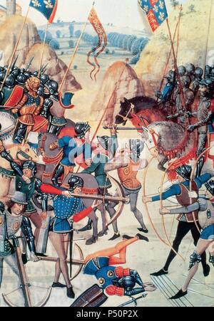 I cento anni di guerra (1339-1453). Battaglia di Crecy dove le truppe britanniche ha sconfitto il francese di Filippo IV il 26 agosto 1346. Biblioteca nazionale. Parigi. La Francia. Foto Stock