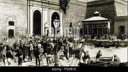 Rivoluzione cantonali. Aumento dell'federals a Cartagena. I soldati del reggimento Iberia e i marinai delle navi da guerra fraternize con i ribelli. Luglio 24, 1873. Spagna. Foto Stock