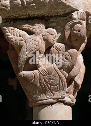 ARTE romanico. ESPAÑA. (S. XII-XIII). Detalle del capitel donde se rappresentanouna 'EL AVISO DEL ANGEL A SAN JOSE MIENTRAS DUERME'. Capitel esculpido por el llamado "maestro de San Juan de la Peña'. Claustro del MONASTERIO DE SAN JUAN DE LA PEÑA. Provincia de Huesca. Aragón. Foto Stock