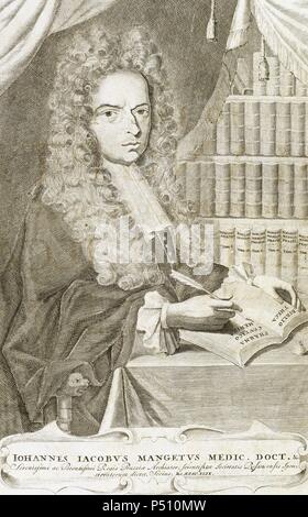 Mangeti, Joannis Jacobi (1652-1742). Swiss medico e scrittore. Del XVIII secolo incisione. Foto Stock