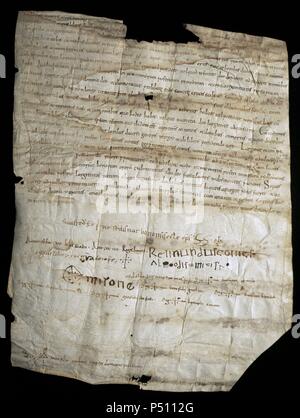 Ramón Berenguer ho il Vecchio (1023-1076). Conte di Barcellona. Documento con la donazione dei conti di Barcellona per il capitolo della cattedrale. La pergamena originale del 1055. File per la cattedrale di Barcellona. Spagna. Foto Stock