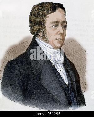 Oersted, Hans Christian (1777-1851). Fisico danese. Incisione colorata. Foto Stock