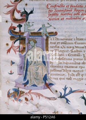 Pietro IV d'Aragona, Ceremonious (1319-1387). Re di Aragona, Valencia, Maiorca e conte di Barcellona. Ritratto. Drop PAC al "Libro dei privilegi di La Cartuja de Vall de Cristo". Codex. C. 1385. Spagna. Foto Stock