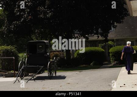 Donna Amish a piedi in strada. Lancaster County. Stati Uniti. Foto Stock