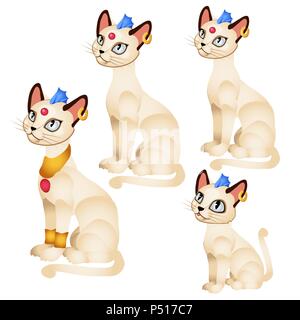 Serie animate Fantasy gatti con decorazioni dorate e un ciuffo blu isolato su sfondo bianco. Illustrazione Vettoriale. Illustrazione Vettoriale