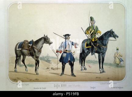 Reinado de Felipe V (1700 a 1724 y 1746). Guardia de corps Dragón y en los años 1703 y 1704. Dibujo de Villegas. Lámina número 21 del ALBUM DE LA CABALLERIA ESPAÑOLA del Teniente General Conde de Clonard. Litografía Militar, Madrid, año 1861. Foto Stock