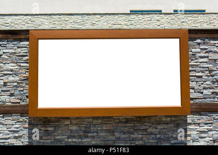 Legno orizzontale poster sulla pietra parete testurizzata. Modello vuoto Foto Stock