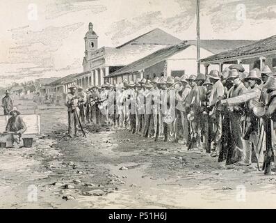 Guerra cubana di Indipendenza (1895-1898). Le truppe spagnole tenendo presenti nel colon. Incisione, 1896. Foto Stock