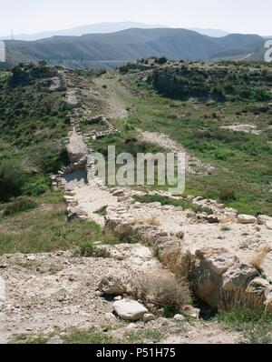 Arte preistorica. Megalithism. Età del Bronzo (età del Rame o Calcolitico). Los Millares. Sito di occupazione. Rovine. Santa Fe de Mondujar. Andalusia. Spagna. Foto Stock