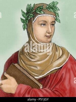Boccaccio, Giovanni (1313-1375). Scrittore italiano. Incisione colorata. Foto Stock