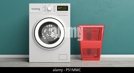 Vestiti servizio lavanderia. Lavaggio, la macchina asciugatrice di rosso e un cesto della biancheria sul pavimento di legno, parete verde dello sfondo. 3d illustrazione Foto Stock