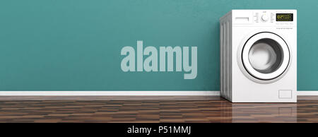 Vestiti servizio lavanderia. Lavaggio, essiccatore macchina su un pavimento in legno, muro verde, sfondo spazio copia, banner. 3d illustrazione Foto Stock