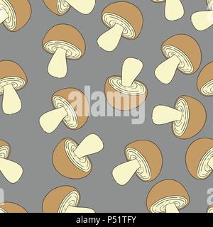 Modello di funghi senza giunture. Illustrazione Vettoriale. Funghi marrone su sfondo grigio. I colori Pantone. Illustrazione Vettoriale