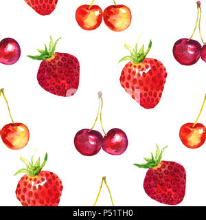 Fragole, fragoline, le ciliegie e le ciliege dolci varietà, seamless pattern design dipinte a mano illustrazione ad acquerello Foto Stock