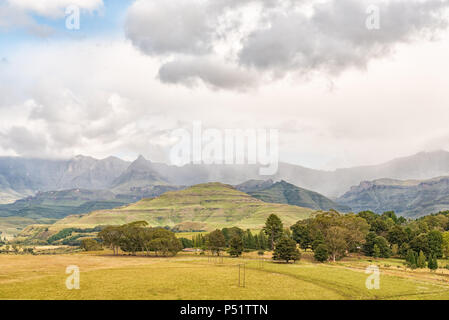 Il Drakensberg giardino al castello vicino Underberg. Rhino Peak (3056m sopra il livello del mare) è visibile a sinistra Foto Stock