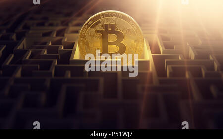 Golden Bitcoin nel punto centrale del labirinto. Bitcoin come una soluzione per i problemi finanziari. Il rendering 3D Foto Stock