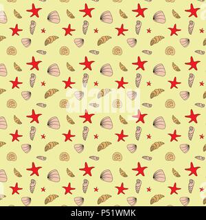 Modello senza giunture di conchiglie. Sfondo marino conchiglie e stelle marine Illustrazione Vettoriale