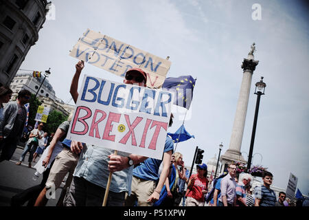 Voto popolare a Londra Regno Unito - 23 Giugno 2018 - i manifestanti in Trafalgar Square e la domanda di una seconda votazione finale sul Brexit trattare con targhetta Brexit Bugger Foto Stock
