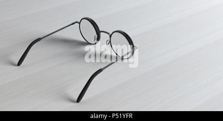 Ottico concetto. Occhiali tondo metallico nero con lente di prescrizione, isolata su uno sfondo di legno, 3d illustrazione Foto Stock