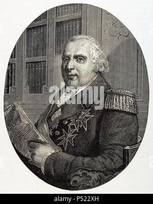 Luigi XVIII (1755-1824). Re di Francia dal 1814-15 e 1815-24. Fratello di Luigi XVI. Salito al trono dopo la caduta di Napoleone. Incisione. Foto Stock