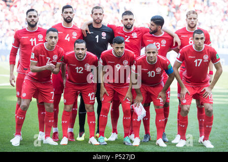 Mosca, Russia. Il 23 giugno, 2018. I giocatori di tunisini sono disponibili per la foto del team, Dylan BRONN (DO), Yassine MERIAH (DO), portiere Farouk Ben Mustapha (DO), Syam Ben Youssef (DO), Ferjani SASSI (DO), Rami BEDOUI (DO), uRleft a destra Saifeddine KHAOUI (DO), Ali MAALOUL (DO), Anice BADRI (DO), Wahbi KHAZRI (DO), Ellyes SKHIRI (DO), pieno di carattere, paesaggio, foto del team, Gruppo immagine, Belgio (BEL) - Tunisia (TUN) 5: 2, turno preliminare, gruppo G, gioco 29, su 23.06.2018 a Mosca; Coppa del Mondo di Calcio 2018 in Russia dal 14.06. - 15.07.2018. | Utilizzo di credito in tutto il mondo: dpa/Alamy Live News Foto Stock