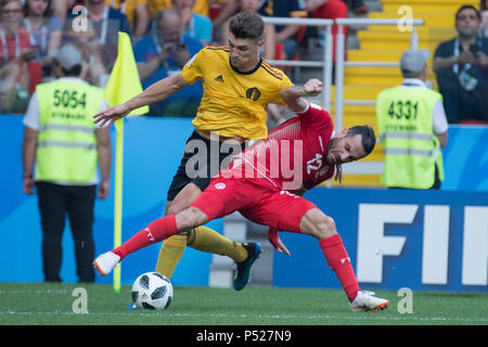 Mosca, Russia. Il 23 giugno, 2018. Thomas MEUNIER (sinistra), BEL) rispetto ali MAALOUL (DO), azione, duelli, Belgio (BEL) - Tunisia (TUN) 5: 2, turno preliminare, gruppo G, corrispondono 29, su 23.06.2018 a Mosca; Coppa del Mondo di Calcio 2018 in Russia dal 14.06. - 15.07.2018. | Utilizzo di credito in tutto il mondo: dpa/Alamy Live News Foto Stock