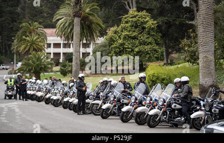 San Francisco, Stati Uniti d'America. Xx Giugno, 2018. La polizia moto schierate nel parco di Presidio. Credito: Bernd von Jutrczenka/dpa/Alamy Live News Foto Stock