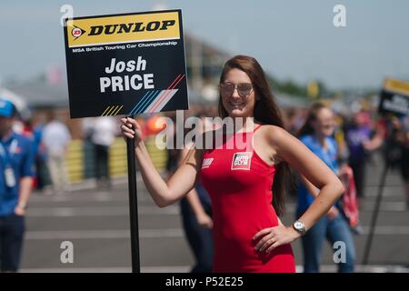 Dalton on Tees, Inghilterra, 24 giugno 2018. La griglia ragazza attende la vettura pilotata da Josh Prezzo in Dunlop MSA British Touring Car Championship sul circuito di Croft. Credito: Colin Edwards/Alamy Live News. Foto Stock