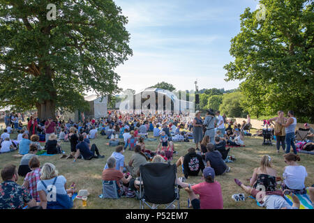 Tunbridge Wells, Regno Unito. Il 24 giugno 2018 i frequentatori del Festival godendo il sole serale presso il cervo nero Festival, Eridge Park, Kent REGNO UNITO..© Jason Richardson / Alamy Live News Foto Stock