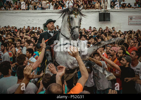 Ciutadella, Spagna. 24 Giugno 2018: un 'caixer' (cavallo Cavaliere) culatte fino sul suo cavallo circondato da una folla acclamava all'inizio del 'Jocs des Pla' (torneo medievale) durante il tradizionale "ant Joan" (San Giovanni) festival in Ciutadella de Menorca Credito: Matthias Oesterle/Alamy Live News Foto Stock