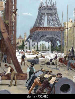 La storia di Francia. Parigi. Esposizione Universale del 1889. La costruzione della Torre Eiffel. Incisione colorata. Foto Stock