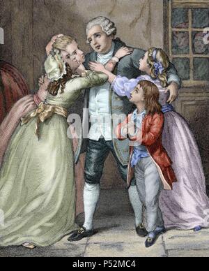 Louis XVI (1754 - 1793). Re di Francia (1774-1792). Louis XVI dice addio alla sua famiglia per essere eseguito durante l'età del terrorismo (1793). Incisione colorata. "Storia Universale", 1869. Foto Stock