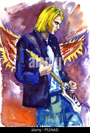 Illustrazione, acquarello dipinto ispirato da Kurt Cobain, Nirvana leader con la chitarra sul palco, angeli ali sfondo Foto Stock