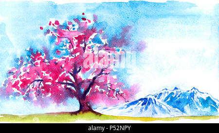 Rosa sakura albero in fiore nel tradizionale giapponese del paesaggio di montagna, cielo blu all'inizio di mattina di primavera, dipinte a mano illustrazione ad acquerello Foto Stock