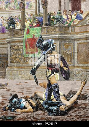Scontri gladiatori. Incisione dopo un dipinto 'Pollice verso' dal pittore francese Jean-Leon Gerome (1824-1904). Dettaglio. Colorati. Foto Stock