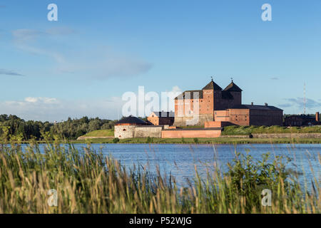 Bellissima vista del XIII secolo il castello di Häme e lago Vanajavesi in Hämeenlinna, Finlandia, in una giornata di sole in estate. Copia dello spazio. Foto Stock