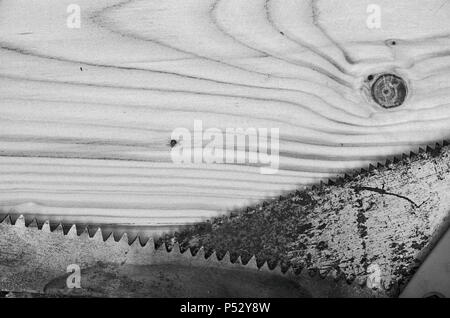 Un vecchio per seghetto a mano su una tavola di legno in bianco e nero. Foto Stock