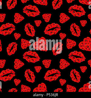 Il papavero i cuori e le labbra Seamless Pattern su sfondo nero. Perfetta la passione di un rapporto per la stampa dello sfondo e del tessile. Perfetto per il giorno di San Valentino. Foto Stock