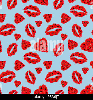 Il papavero i cuori e le labbra Seamless Pattern su sfondo blu. Perfetta la passione di un rapporto per la stampa dello sfondo e del tessile. Perfetto per il giorno di San Valentino. Foto Stock