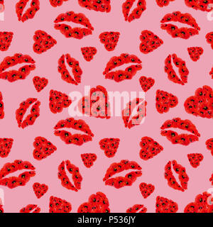 Il papavero i cuori e le labbra Seamless Pattern su sfondo rosa. Perfetta la passione di un rapporto per la stampa dello sfondo e del tessile. Perfetto per il giorno di San Valentino. Foto Stock