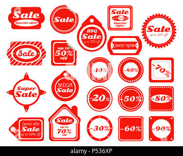 Set di red vendita biglietto, etichetta e adesivo, angolo, tag. Iscrizioni grande vendita, offerte speciali, acquista ora. EPS8 Foto Stock