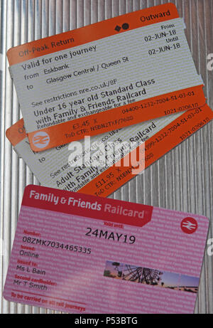 Gli amici e la famiglia railcard e due Scotrail i biglietti del treno, adulto e bambino, Eskbank, Midlothian, frontiere ferroviarie, Scotland, Regno Unito Foto Stock