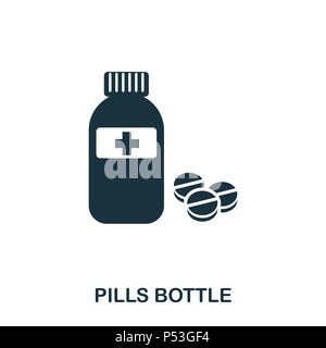 Pills bottiglia icona. Linea di icona di stile design. UI. Illustrazione di pillole bottiglia icona. Pittogramma isolato su bianco. Pronto per l'uso nella progettazione web, applicazioni software, stampa. Foto Stock