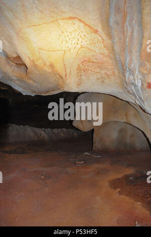 8 aprile 2015 - Vallon Pont d'Arc, Francia: visita del Pont dÕArc Cavern, una vera e propria vita replica della grotta Chauvet, che include decine di opere e dipinti realizzati da età della pietra gli esseri umani alcuni 36.000 anni fa. La Caverne du Pont d'Arc est la replique en taille reelle de la Grotte Chauvet, sito delle Nazioni Unite UNESCO nome pour ses dessins impressionnants prehistoriques. Foto Stock